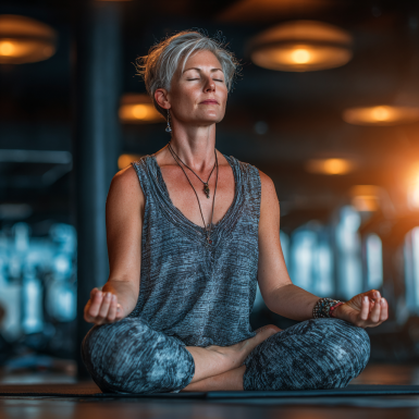 Жінка середнього віку виконує вправи йоги на природі