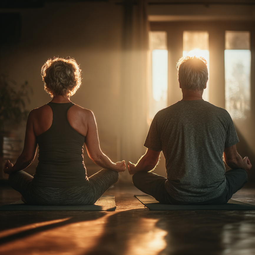 Чоловік старшого віку медитує у парку